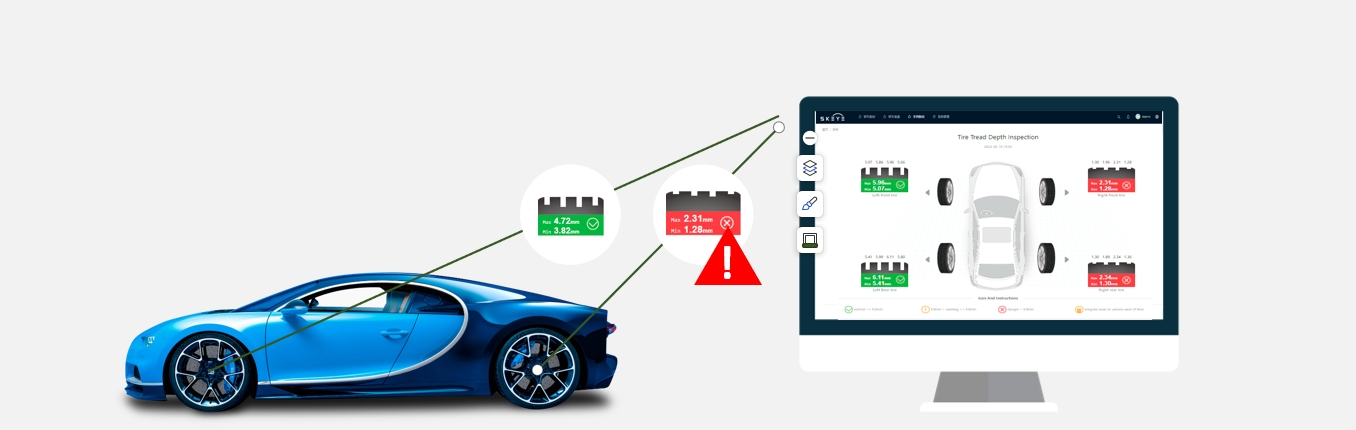 Tire condition dashboard showing tread measurements and alert states for four tires