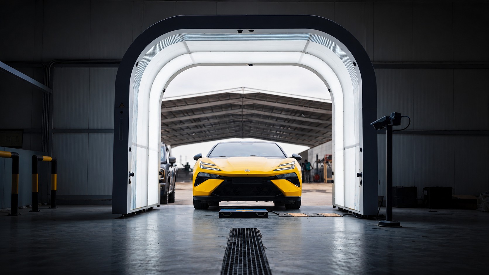 Vehicle passing through an automated inspection lane at a logistics facility.
