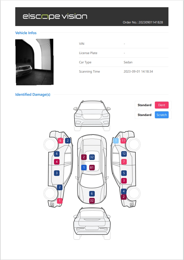 Elscope Vision digital vehicle condition report mapping dents and scratches to body areas.