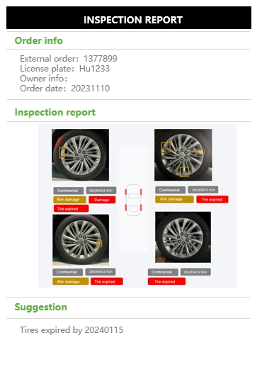 Tire inspection report used to compare recognized fields with verified ground truth