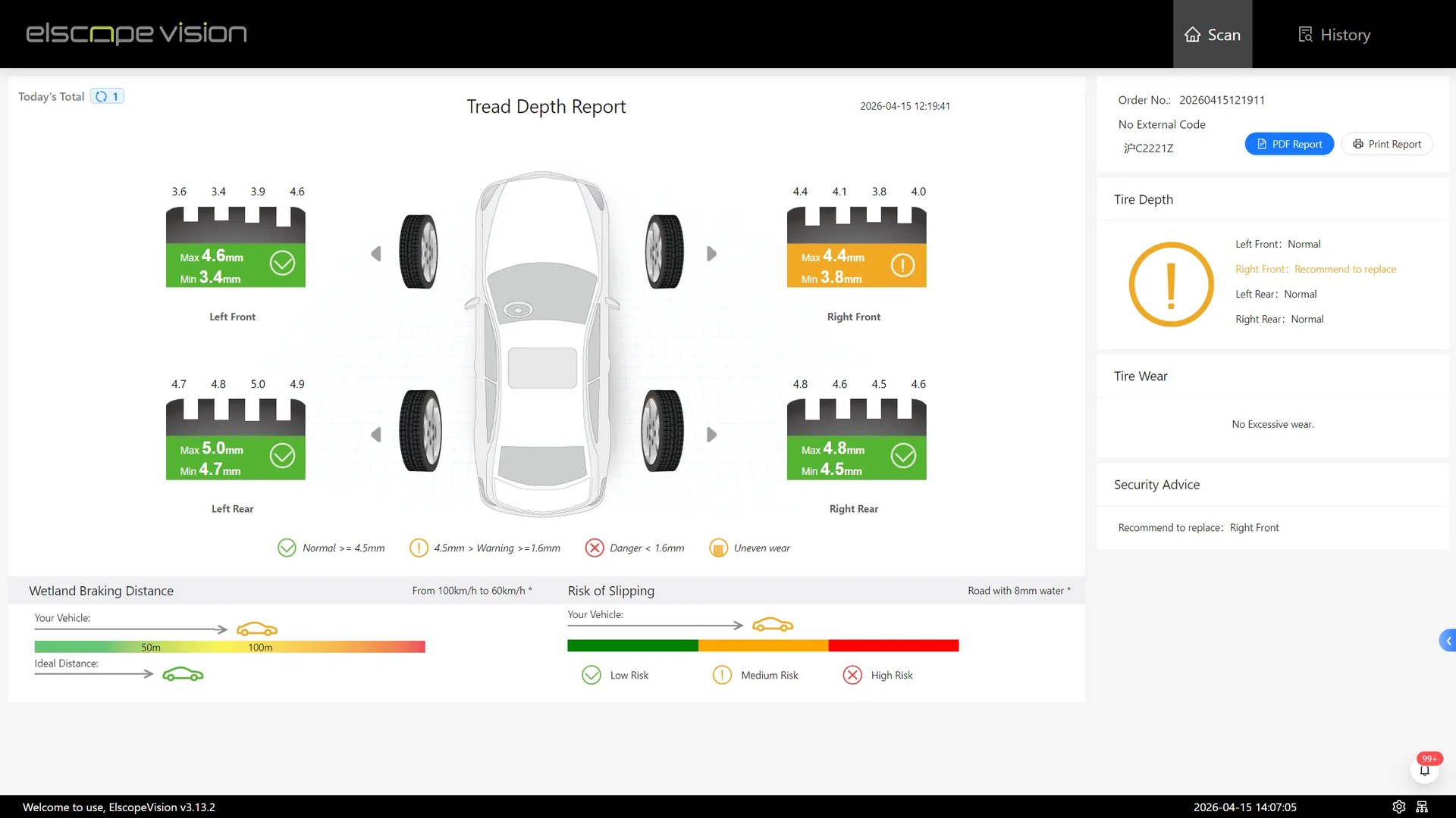 Official tread report with groove depths for four tire positions