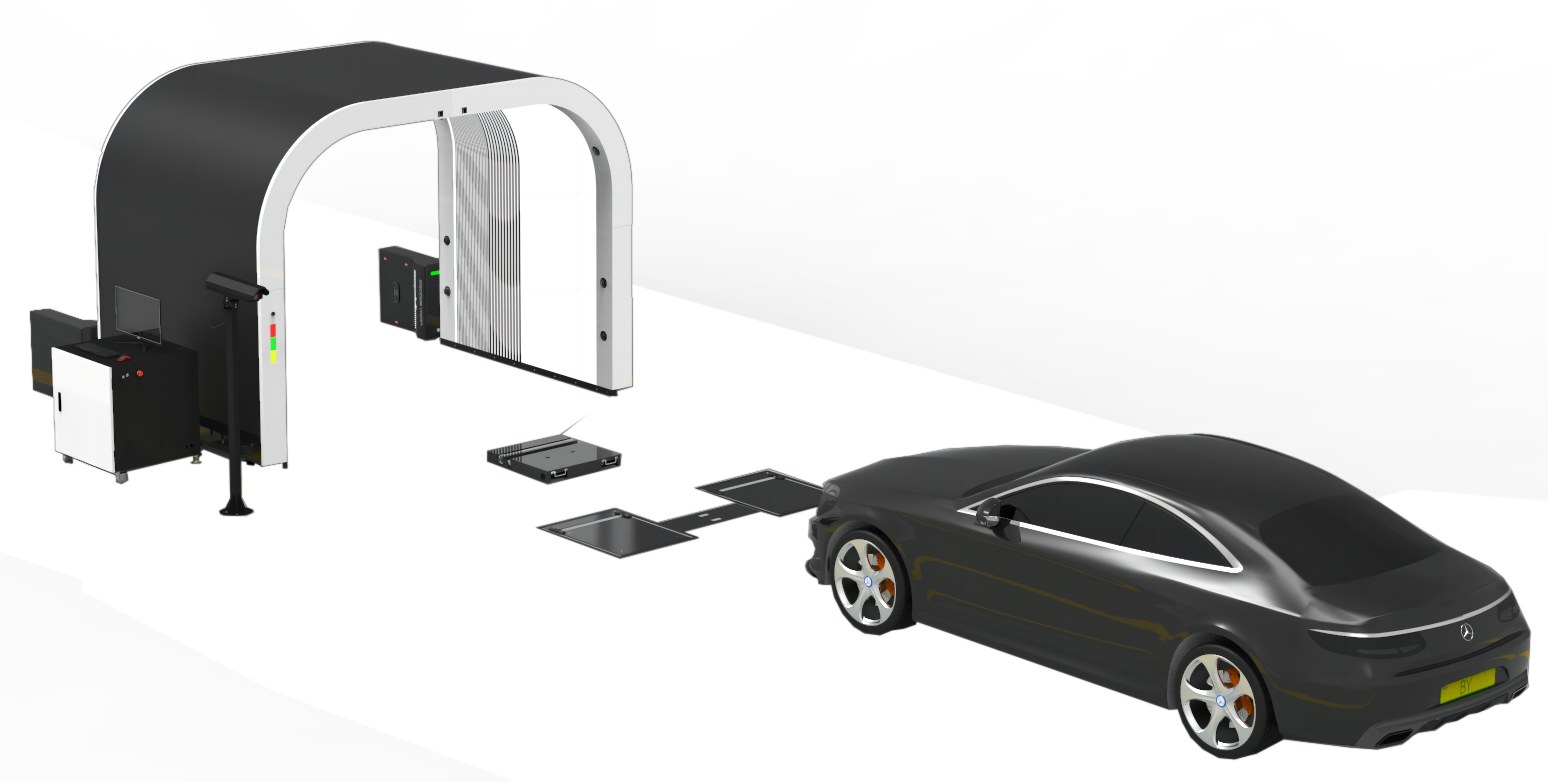 Configuration illustration showing an inspection arch, drive-over scanner modules and a passenger car