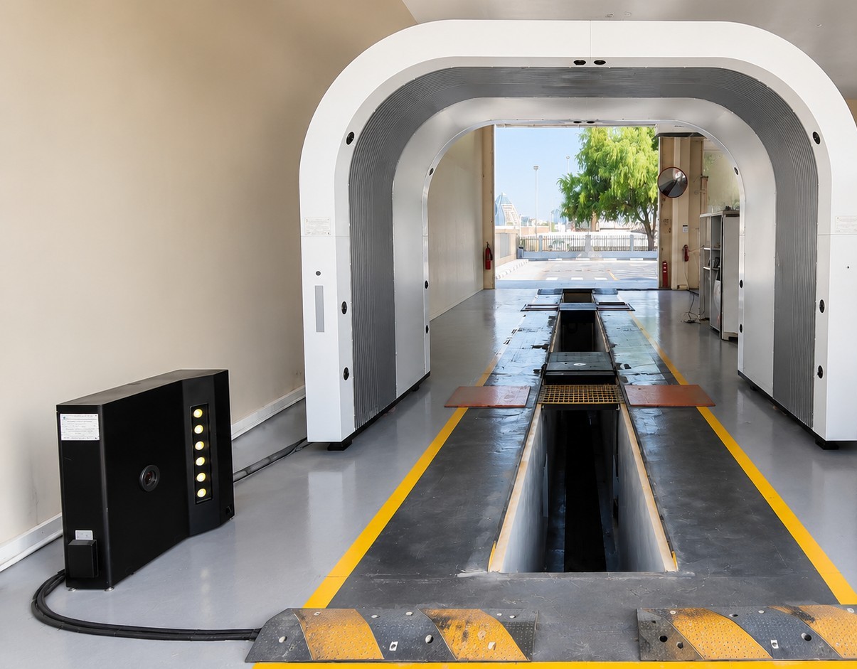 An arch inspection lane with a ground-level camera cabinet and speed bumps at the entry