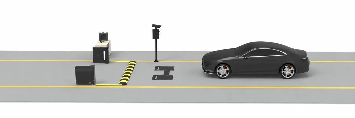Layout rendering of a single inspection lane with a cabinet, speed bump, floor plates and a camera post