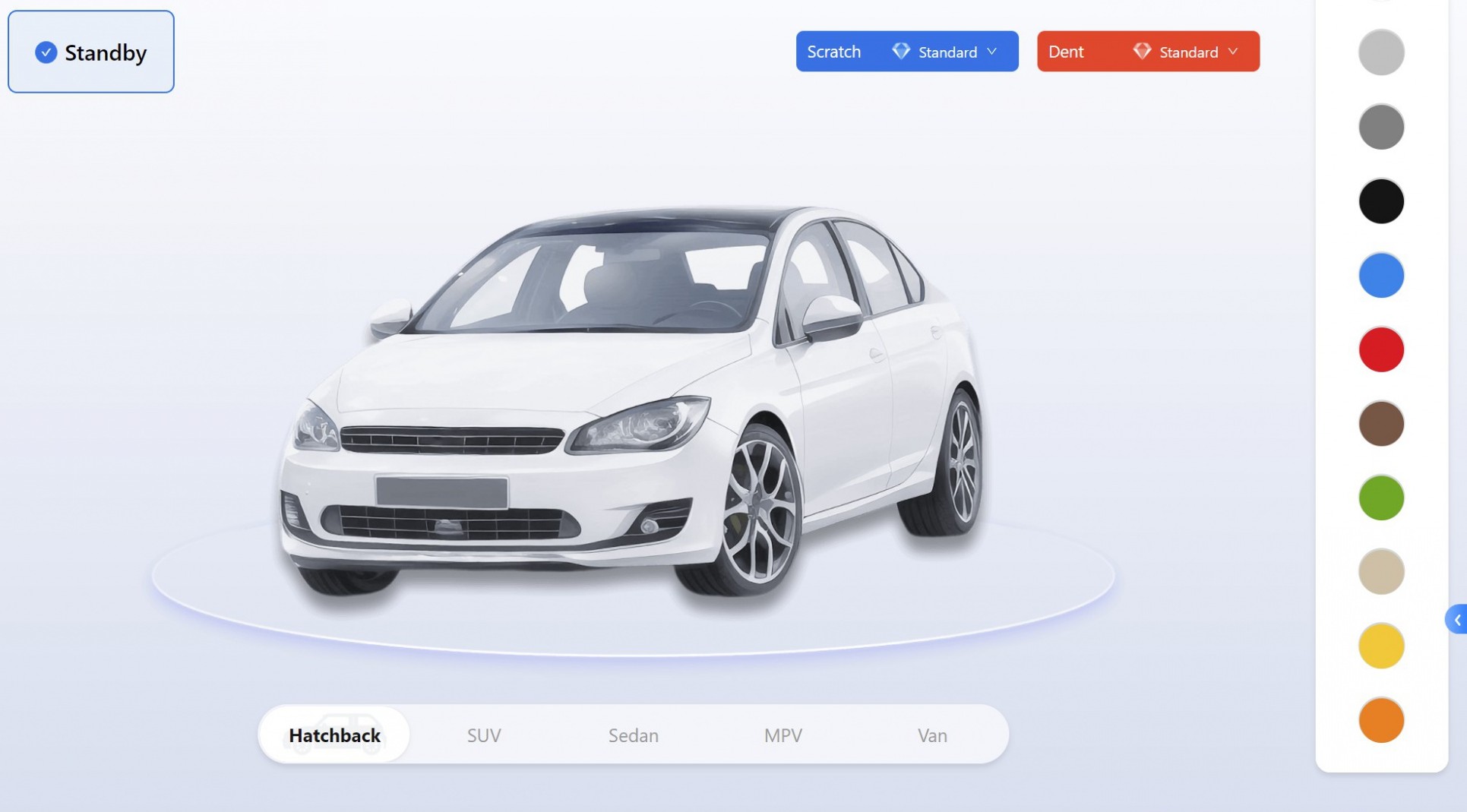 Arch scanner software in standby with scratch and dent settings and vehicle type options