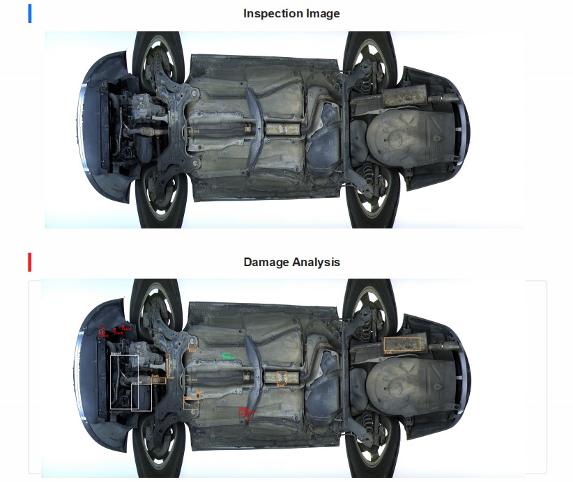Underbody inspection report with a full underbody image and the same image with annotated areas marked for review