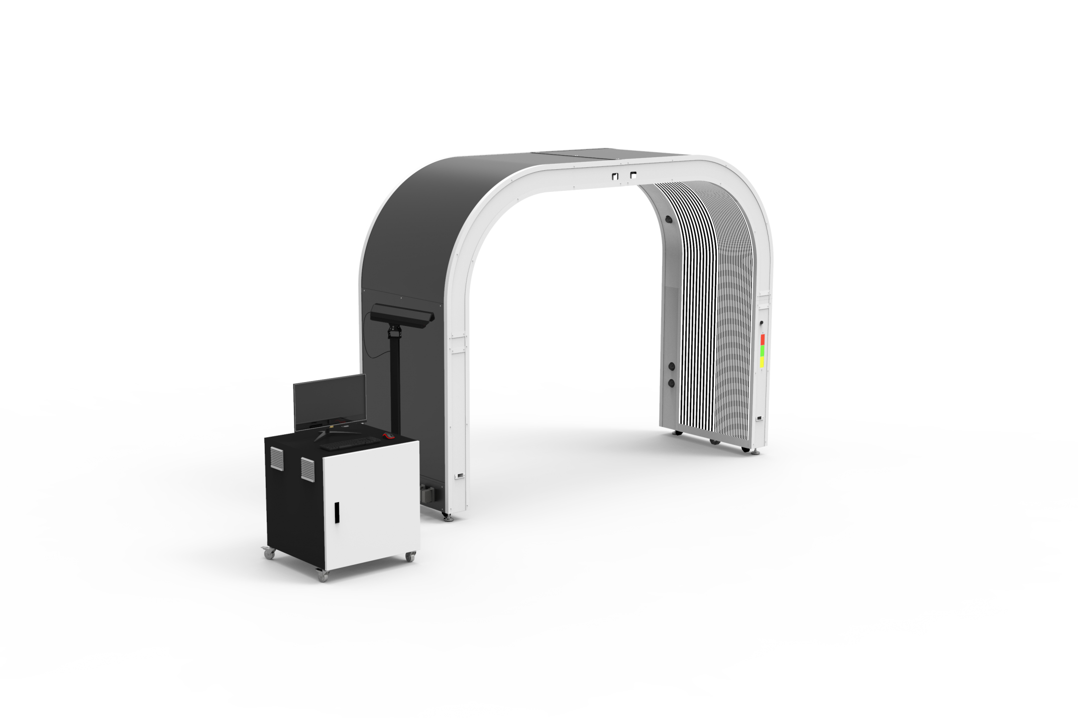Rendering of an arch scanner with its control cabinet, monitor and camera post