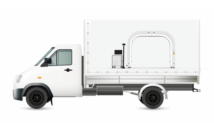 Illustration of the Dragate Mobile Solution with the arch and control unit carried on a truck