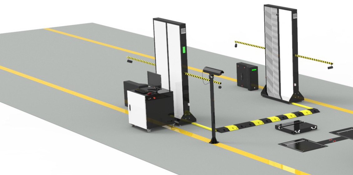 A rendered drive-through inspection lane with two pillar-style body scanners, a control cabinet, a camera post, a speed bump and floor-mounted tire and underbody plates