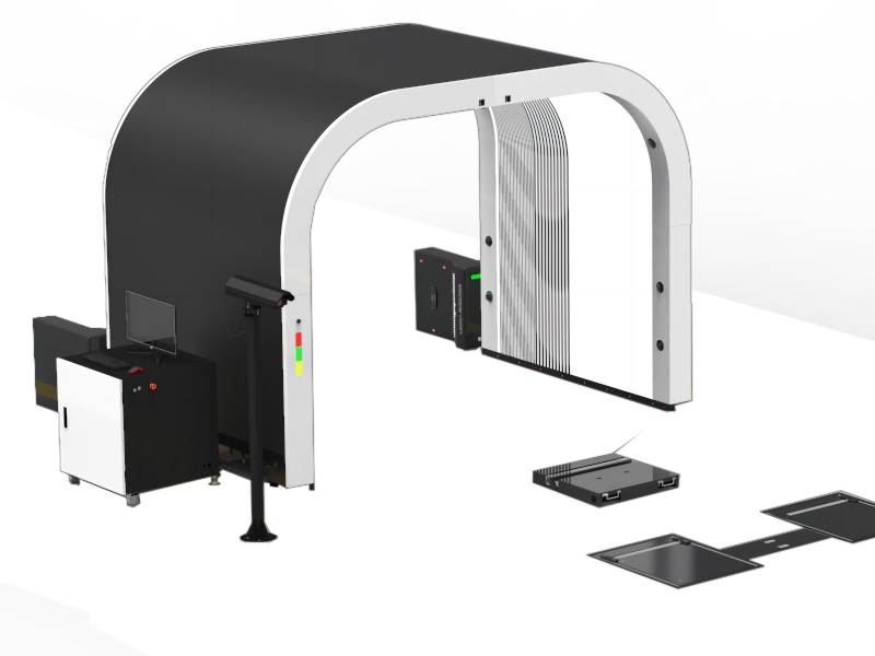 Exploded rendering of an inspection lane showing the arch, control cabinet, camera post and separate floor scanning plates