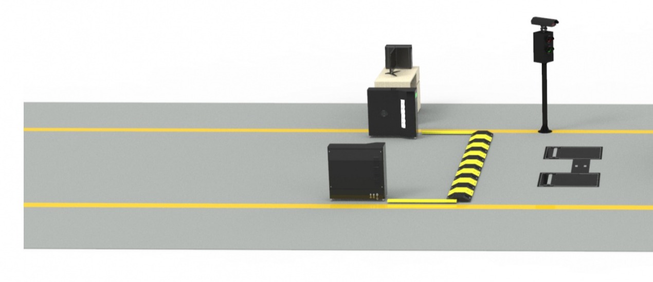 Rendered tire and wheel inspection lane with a black scanner cabinet, an operator desk with a monitor, a yellow and black speed bump, an H-shaped floor plate, and a camera post with signal lights
