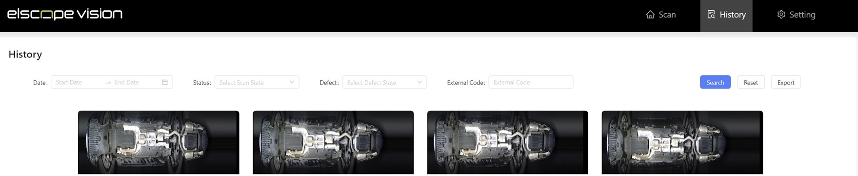 Elscope Vision underbody scanner history screen with date, status, defect and external code filters, an export button and underbody image thumbnails