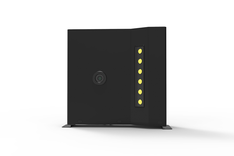 Product render of a black tire sidewall scanner cabinet with a vertical row of yellow lights and a camera lens